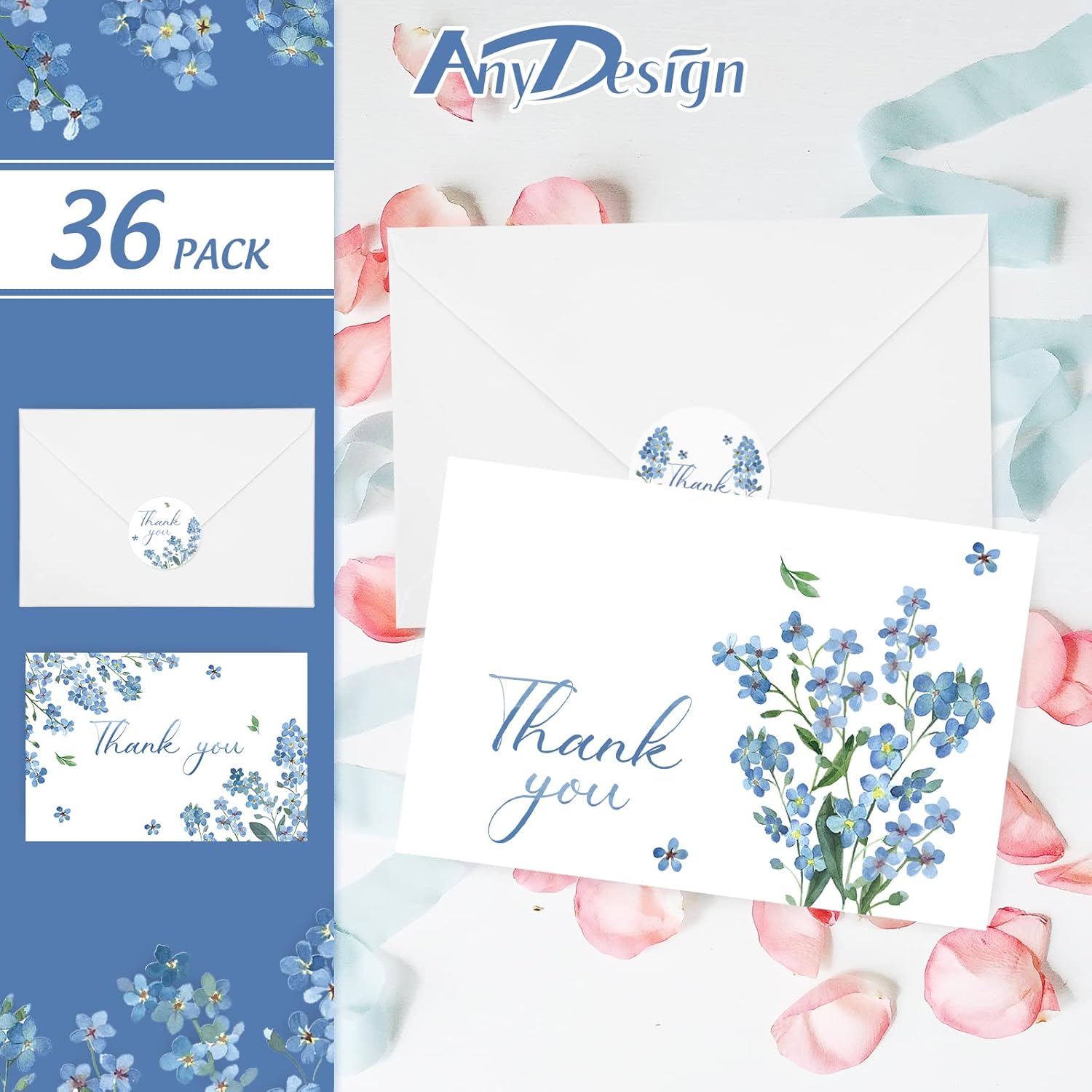 36 Pack Blue Floral Thank You Cards Bulk Forget-Me-Not Myosotis Sylvatica Flower Greeting Cards With Envelope Sticker Thank You Note Cards For Wedding Birthday Baby Shower Bridal Party