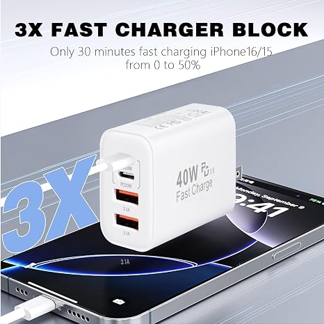 2 Pack 40W 4 Port USB C Fast Charger with 10FT USB C Cable for iPhone 17 16 15