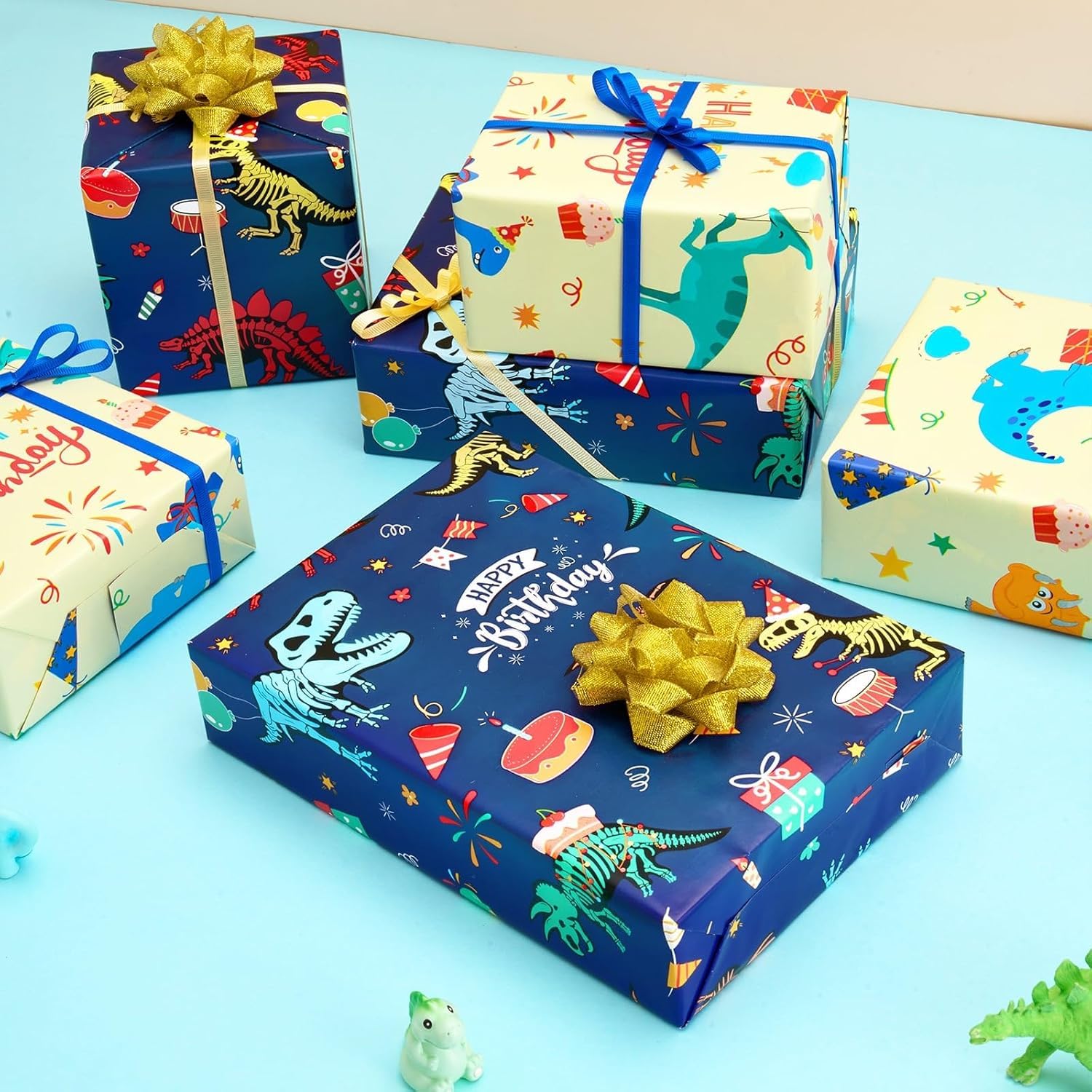 Dinosaur Reversible Wrapping Paper Roll - 1 Roll 17”X 9.84 Ft Happy Birthday Dinosaur Wrapping Paper For Boys Birthday Gift Packing Supply Baby Dino Decor Favor