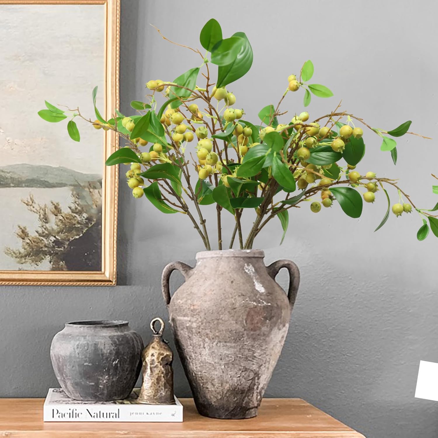 Artificial Plants Simulation Flowers Faux Berries Lifelike Hawthorn Branches For Vases- 8 Pcs -Light Green