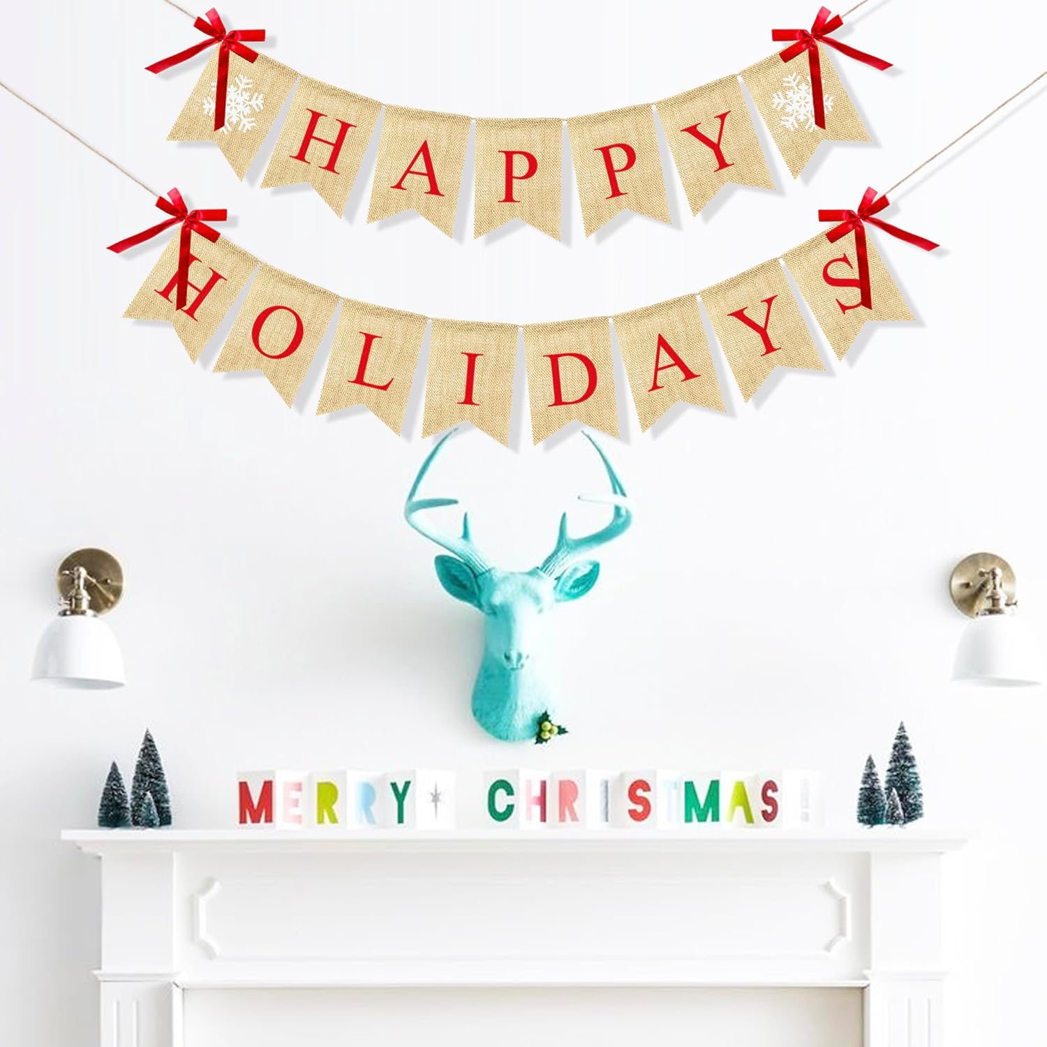 Happy Holidays Banner Burlap, Christmas Decorations For Home Office, Christmas Banner For Fireplace Mantel Indoor Outdoor Decor, Happy Holidays Sign Xmas Party Supplies