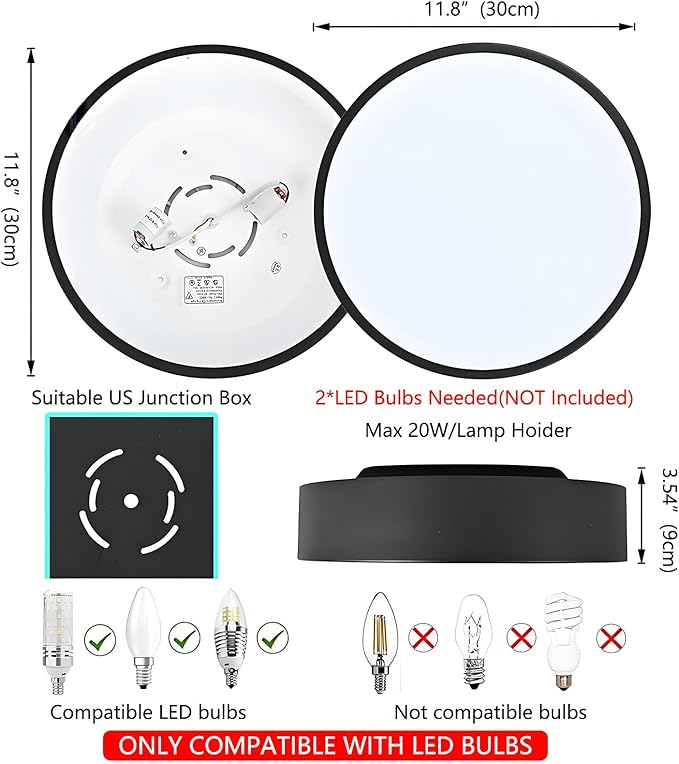 Modern Black Flush Mount Ceiling Light 2 Light Round Acrylic Shade Fixture
