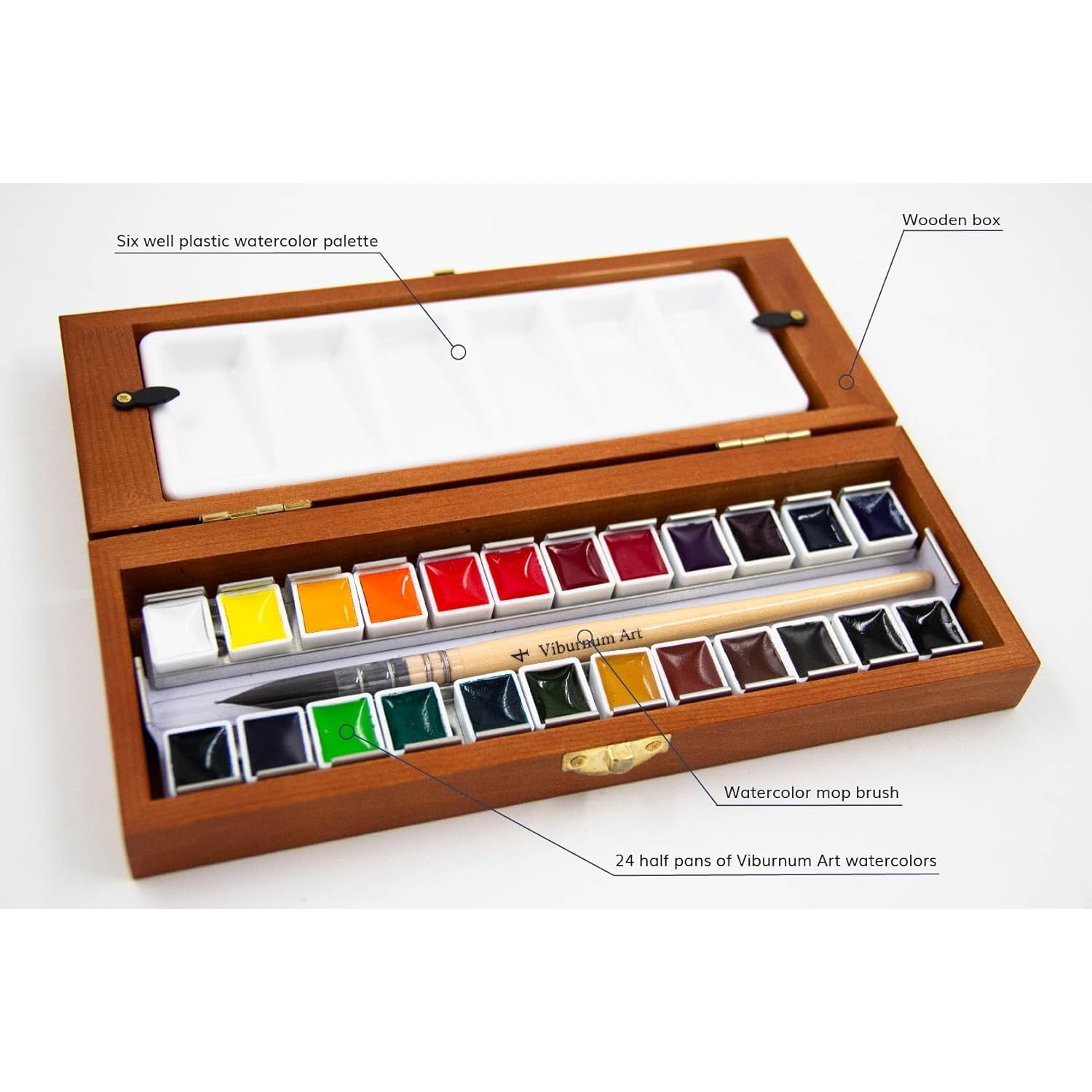 Professional Watercolor Paint Set - 24 Half Pan Highly Pigmented Transparent Water Color Paints With #4 Synthetic Water Color Brush, Mixing Palette & Wooden Box Gift Watercolor Kit