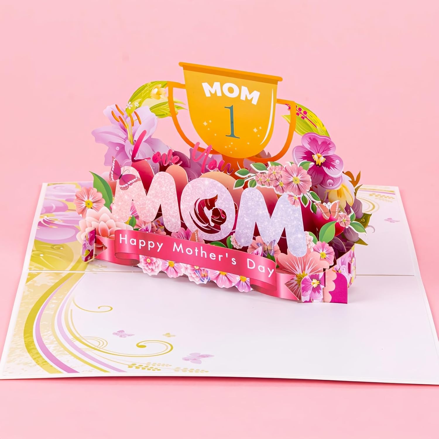 3D Pop Up Mothers Day Cards, No.1 Mom Trophy Pop Up Gift Greeting Card, 3D Happy Mothers Day Card With Envelope With Blank Insert For Best Mom Women Wife Daughter Grandma