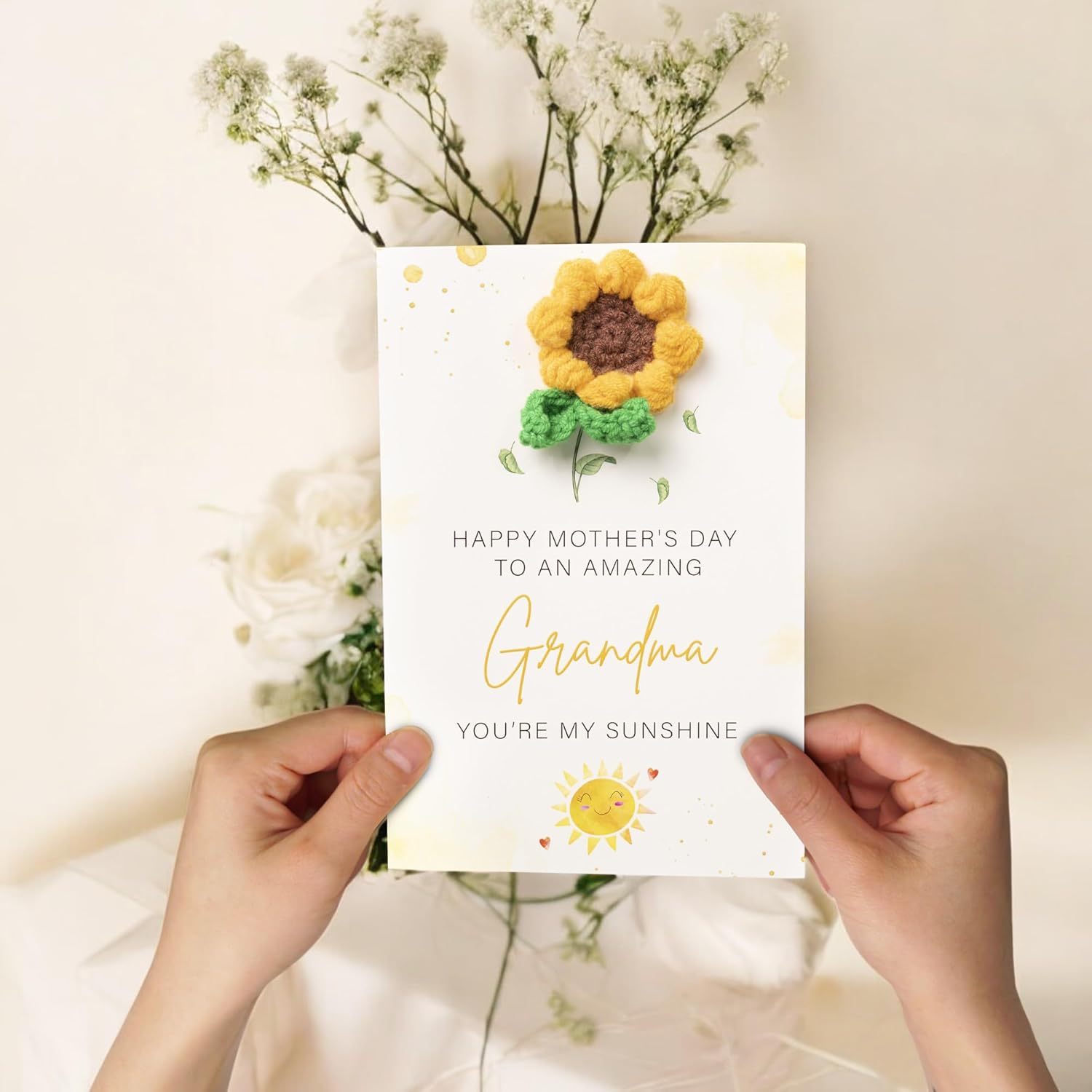 Crochet Sunflower Greetings Mothers Day Card For Grandma, Handmade Cute Knitting Crochet Greeting Cards, Mothers Day Gifts For Her, Unique Knitted Flowers Card Gifts For Mother'S Day And Birthdays