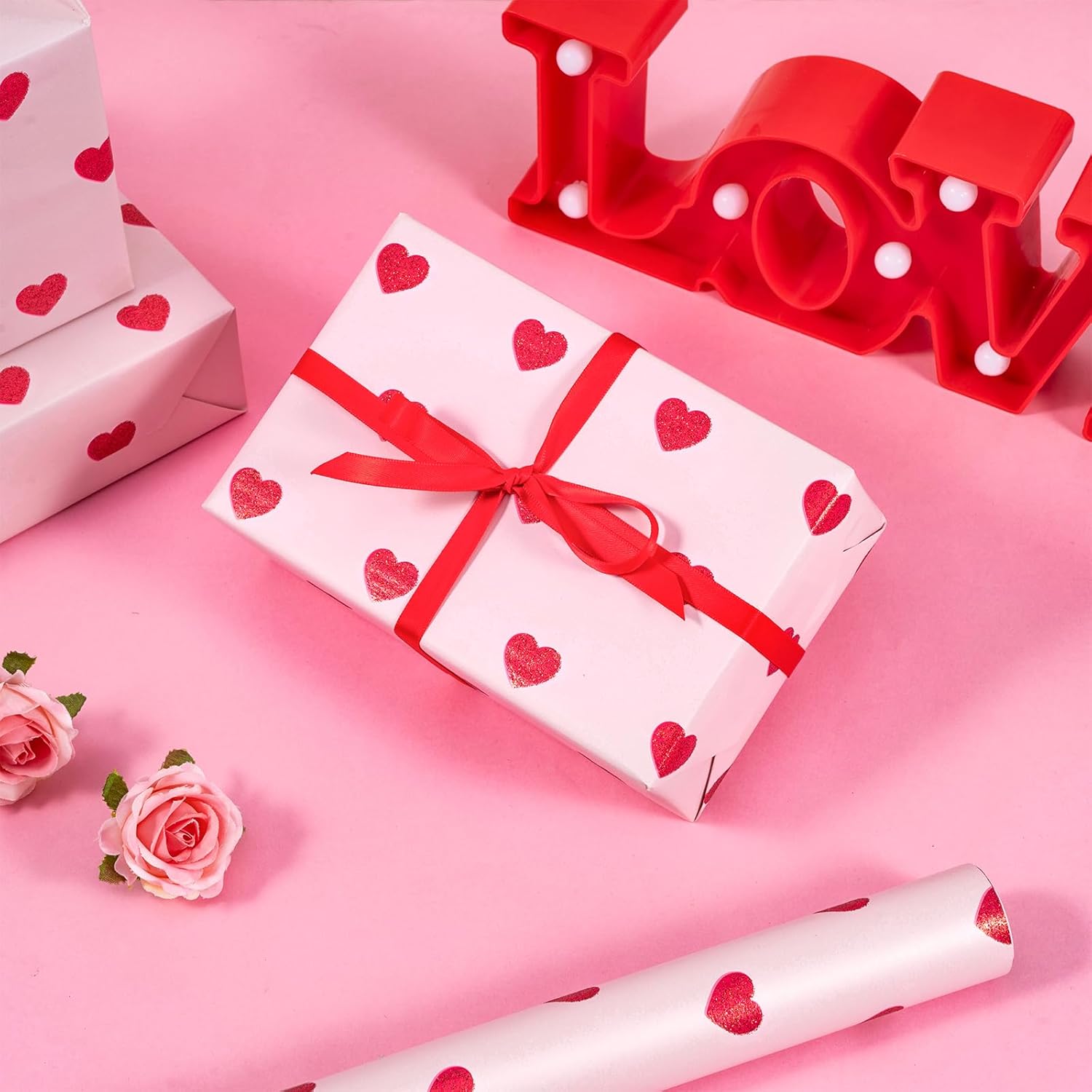 Valentines Wrapping Paper Roll, Pink Red Glitter Heart Design For Romantic Gifts, Wedding, Anniversary, Valentine'S Day, Girls Holiday Party, Mini Roll, 17In X 16.4Ft