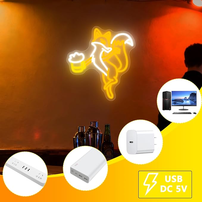 Fox Beer Neon Sign Dimmable LED Animal Wall Light for Home Bar Man Cave Party Decor
