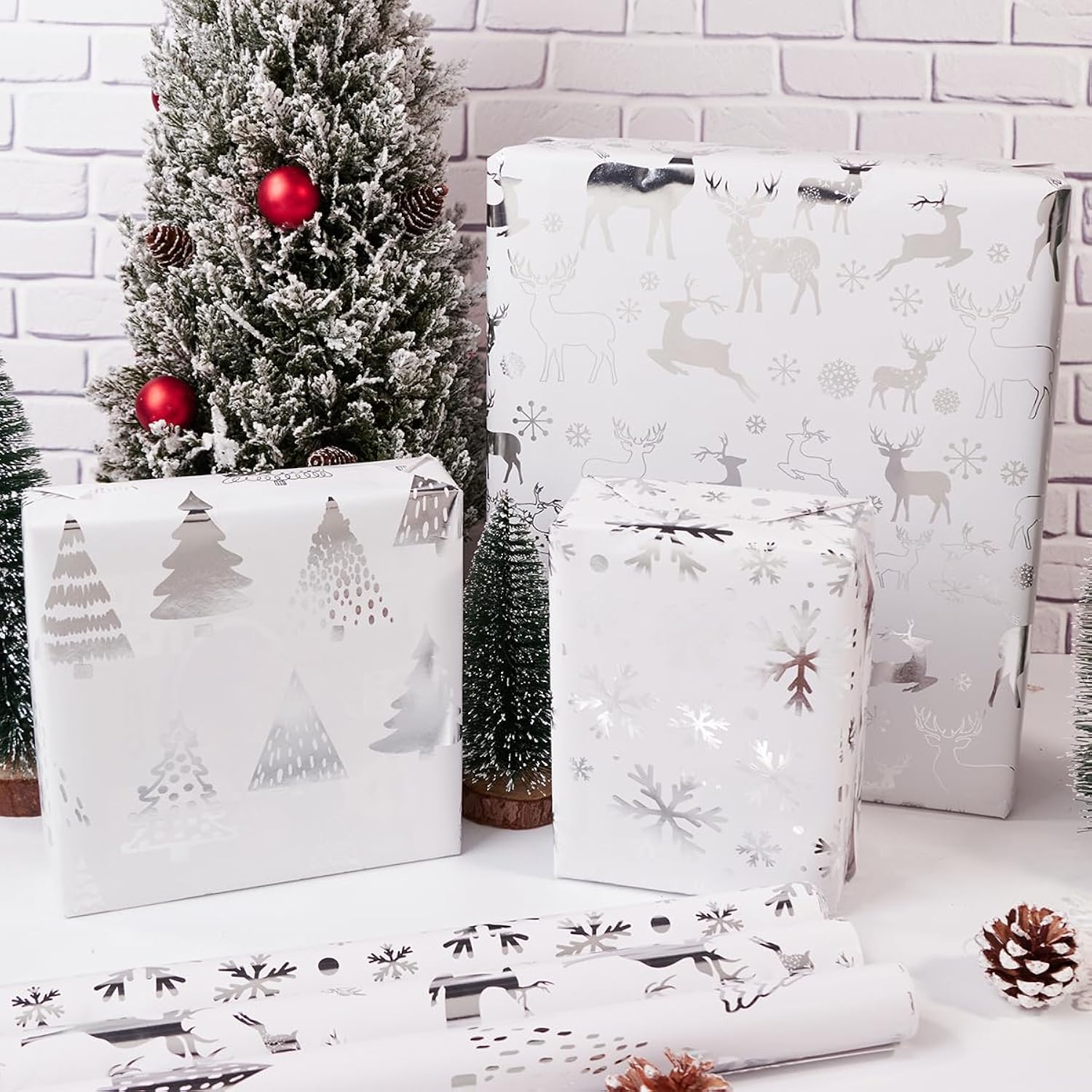 Christmas Wrapping Paper Roll,3 Rolls Silver Christmas Wrapping Paper,Silver Metallic Gift Wrap Paper,Xmas Tree Snowflake Elk Printed Assortment - Mini Roll 17 Inch X 118 Inch