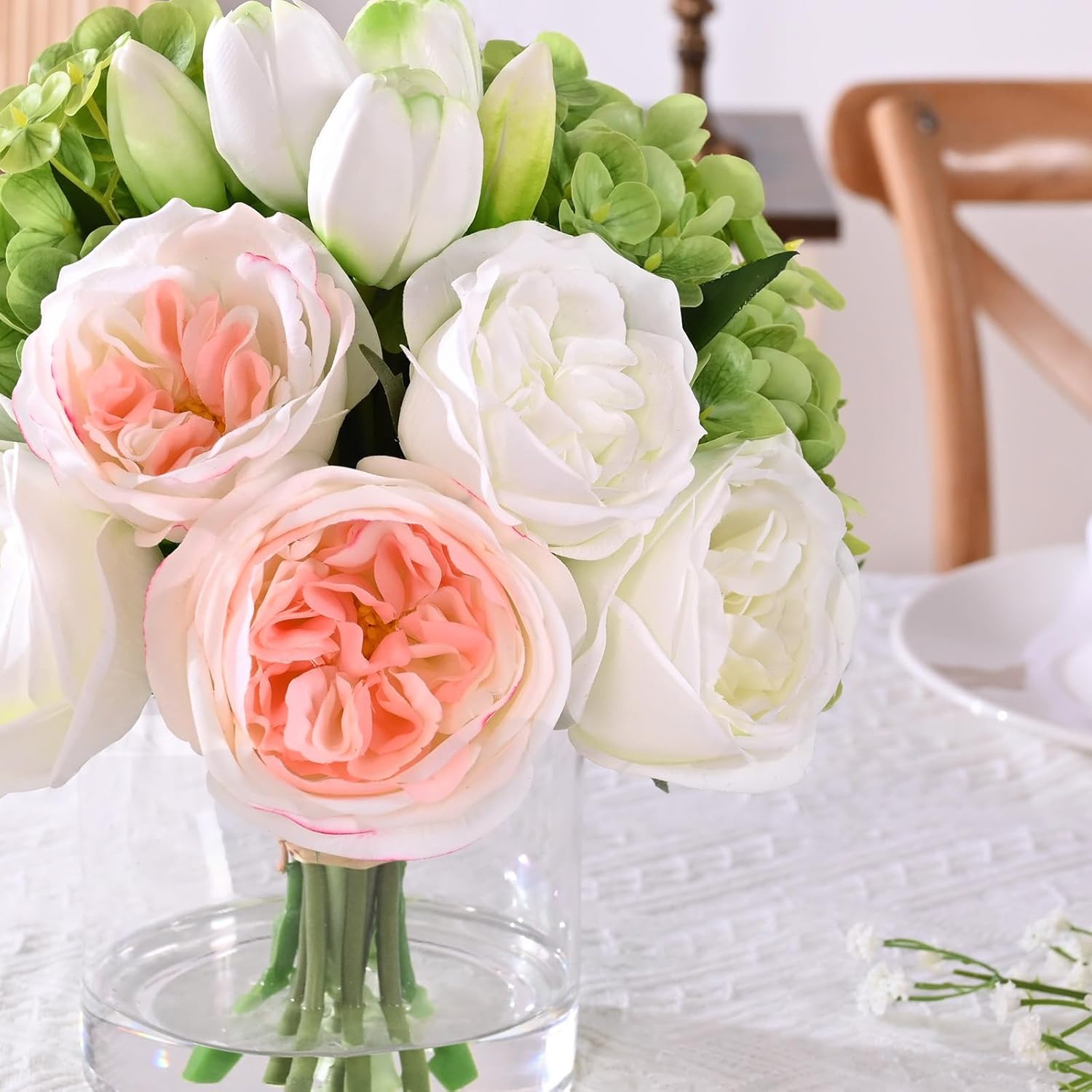 Fake Flowers In Vase - Real Touch Peonies Tulips Hydrangea Artificial Flowers With Vase, Large Faux Flowers With Lifelike Faux Water, Centerpiece Table Decorations For Coffee Table Decor