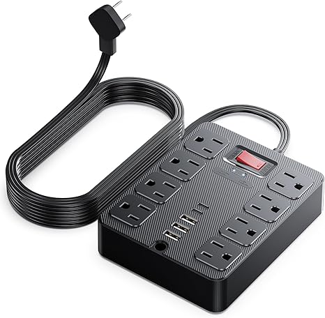 13-in-1 Surge Protector Power Strip Flat Plug 8 AC Outlets 3 USB 5FT Cord