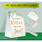 Guess How Many Kisses Are In The Jar Game (1 Standing Sign + 50 Guessing Cards),Greenery Golden,Bridal Shower Sign,Baby Shower Sign - Xh18