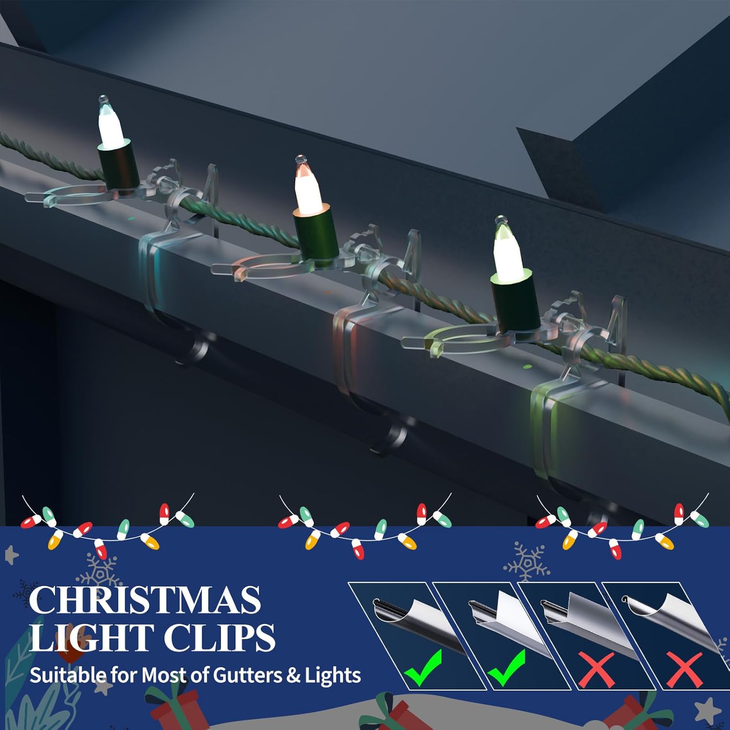 Holiday Light Clips [Set Of 200] Christmas Light Clips, Outdoor Light Clips - Mount To Shingles & Gutters - Works With Mini, C6, C7, C9, Rope, Icicle Lights - No Tools Required
