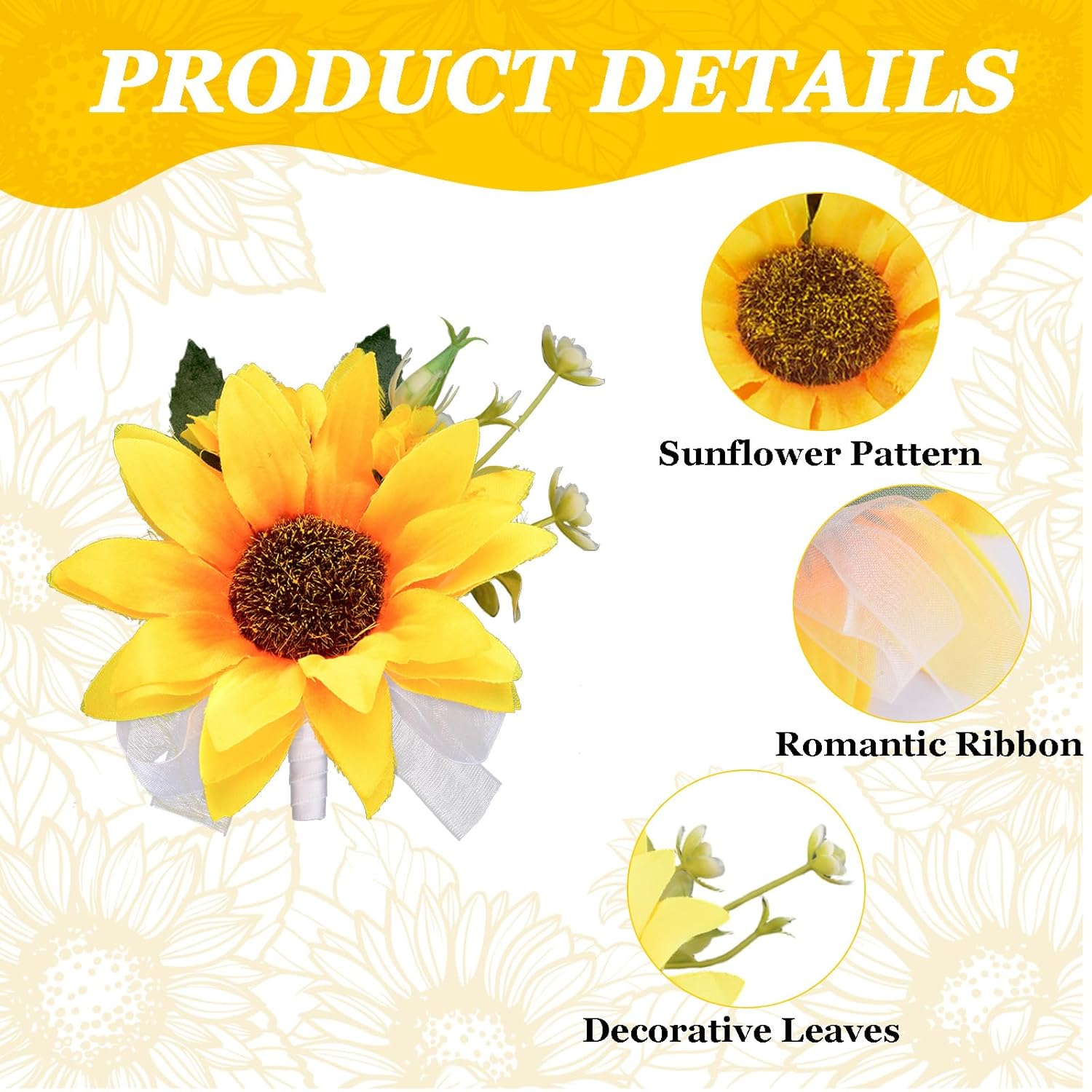 Boutonniere For Prom, 6 Pcs Artificial Yellow Sunflower Corsage Men Wedding Boutonniere Wedding Flowers Anniversary Prom Party Decorations Accessories