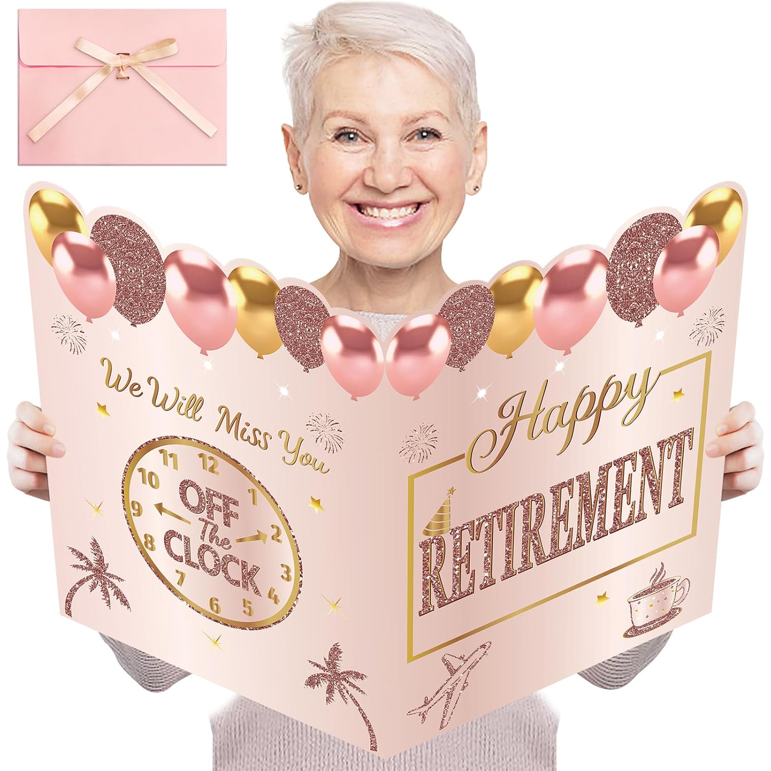Happy Retirement Party Decorations Card For Women, Pink Rose Gold Large Retirement Card With Envelope, Jumbo Happy Retired Guest Book Greeting Card, Giant Farewell Retired Card Gifts
