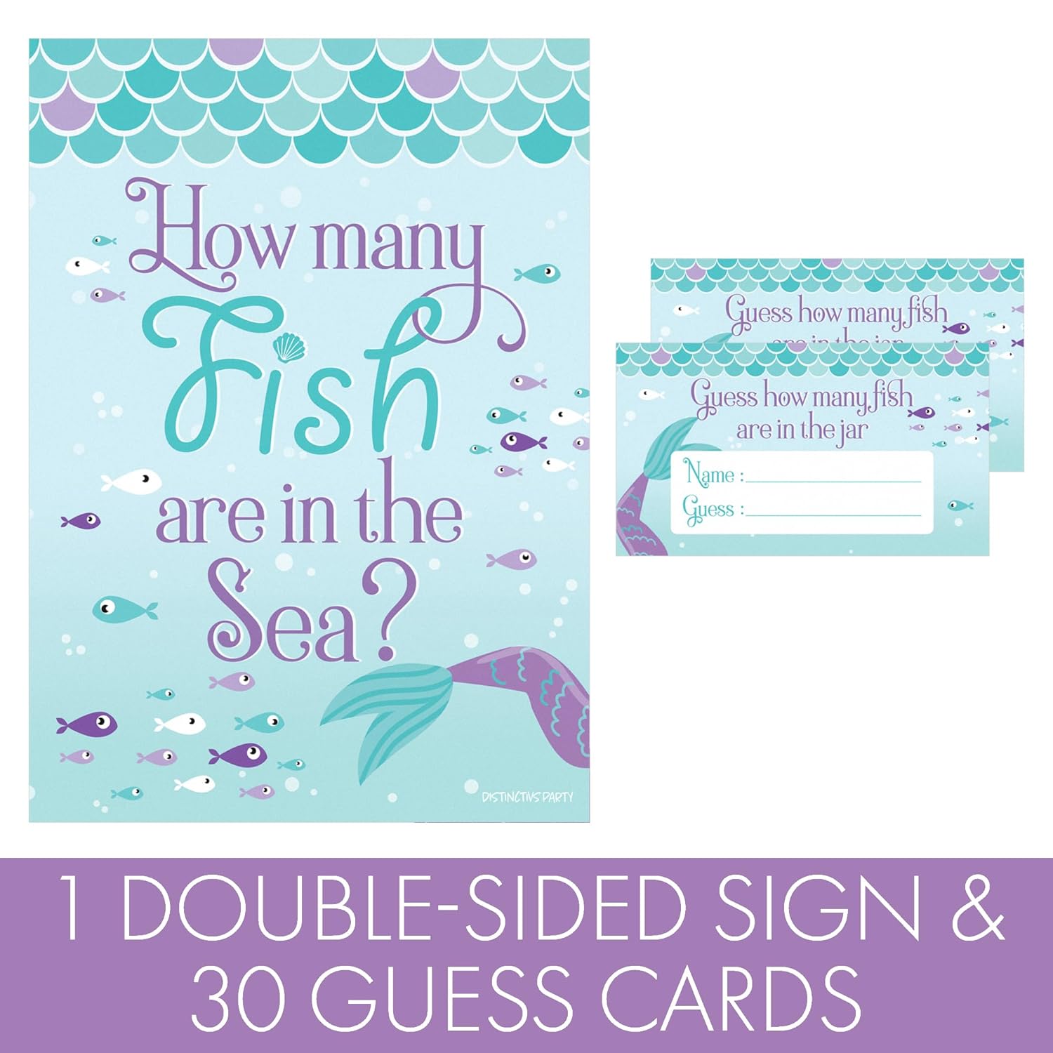 Guess How Many Fish In The Sea Party Game, Mermaid Birthday Game (1 Sign & 30 Guessing Cards)
