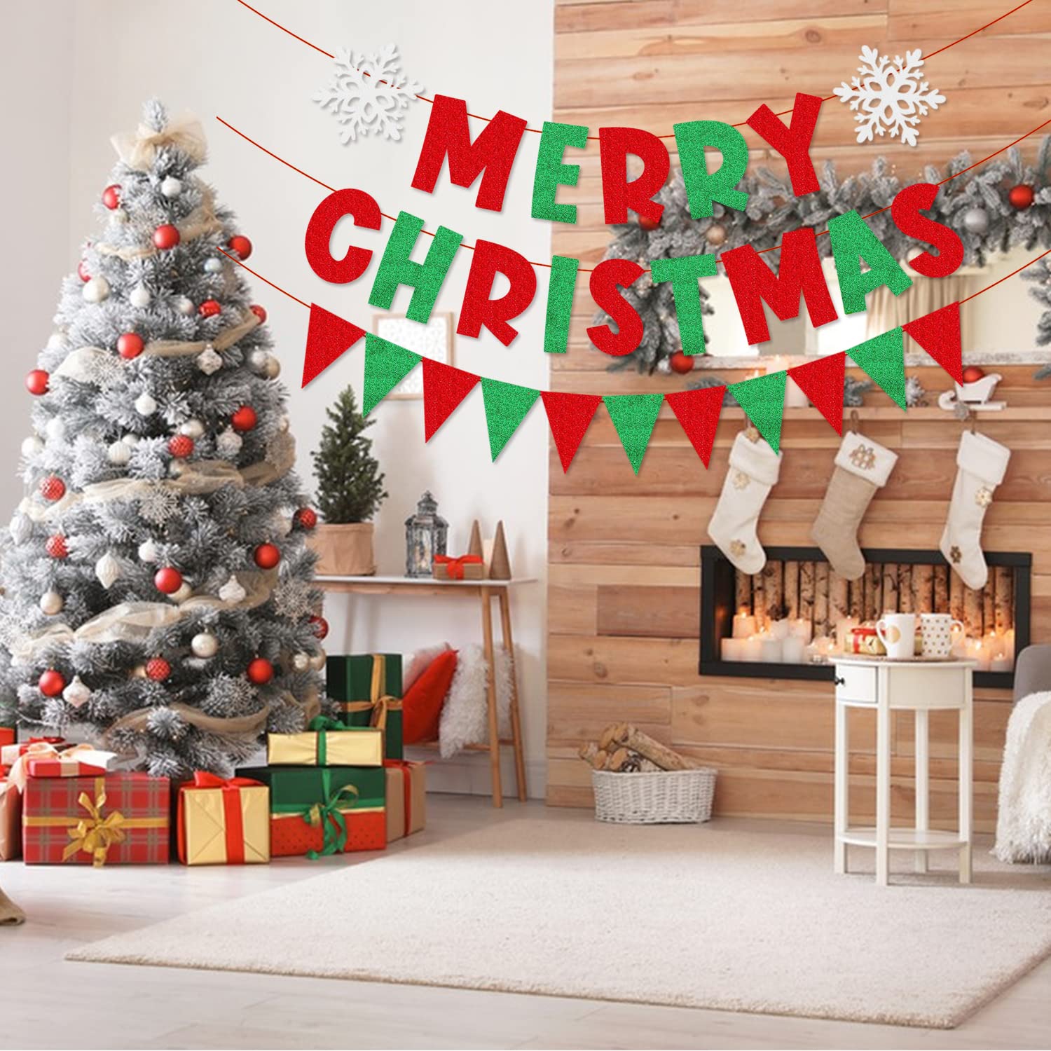 Merry Christmas Banner Red Green Glitter,Christmas Pennant Banner Triangle Flag,Christmas Party Decorations,Xmas Decorations,Xmas Home Office Party Fireplace Mantel Decorations