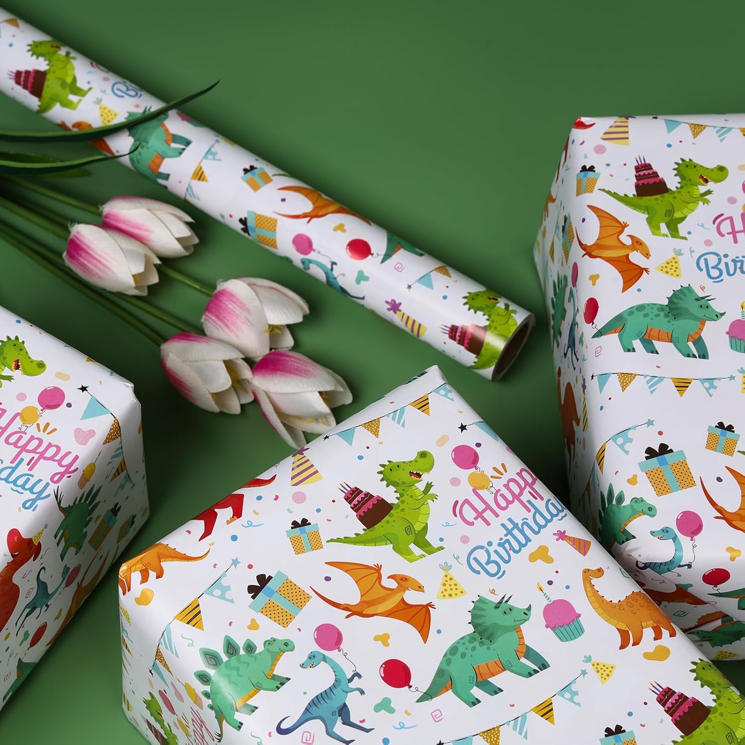 Gift Wrapping Paper Roll,Cute Dinosaurs Happy Birthday Wrapping Paper For Boys,Wrapping Paper Rolls Gift Wrap Paper Dinosaur Parties,Baby Showers,Happy Bday Wrap,17 Inch X 32 Ft Per Roll