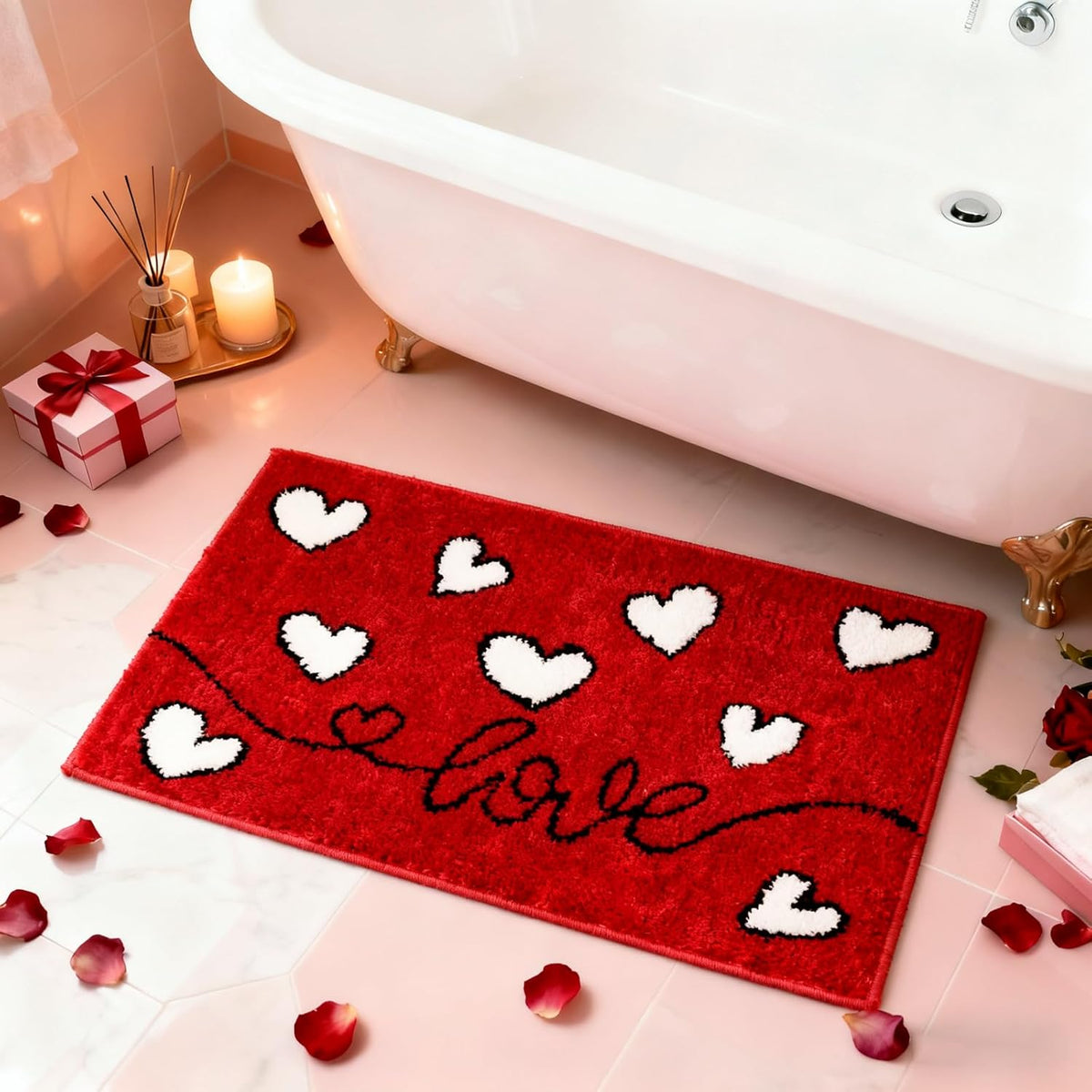 Valentine'S Day Bathroom Rug, Red Love Heart Tufted Bath Mat, Soft Valentines Day Bath Mats Non Slip Absorbent Rectangle Shower Rug Front Door Mat For Home Kitchen Bedroom Decor, 20X30 Inch