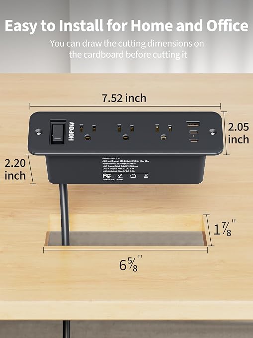 Recessed Power Strip 6 Outlets 5 USB Ports 3 USB C 5FT Flat Plug 900J Surge Black