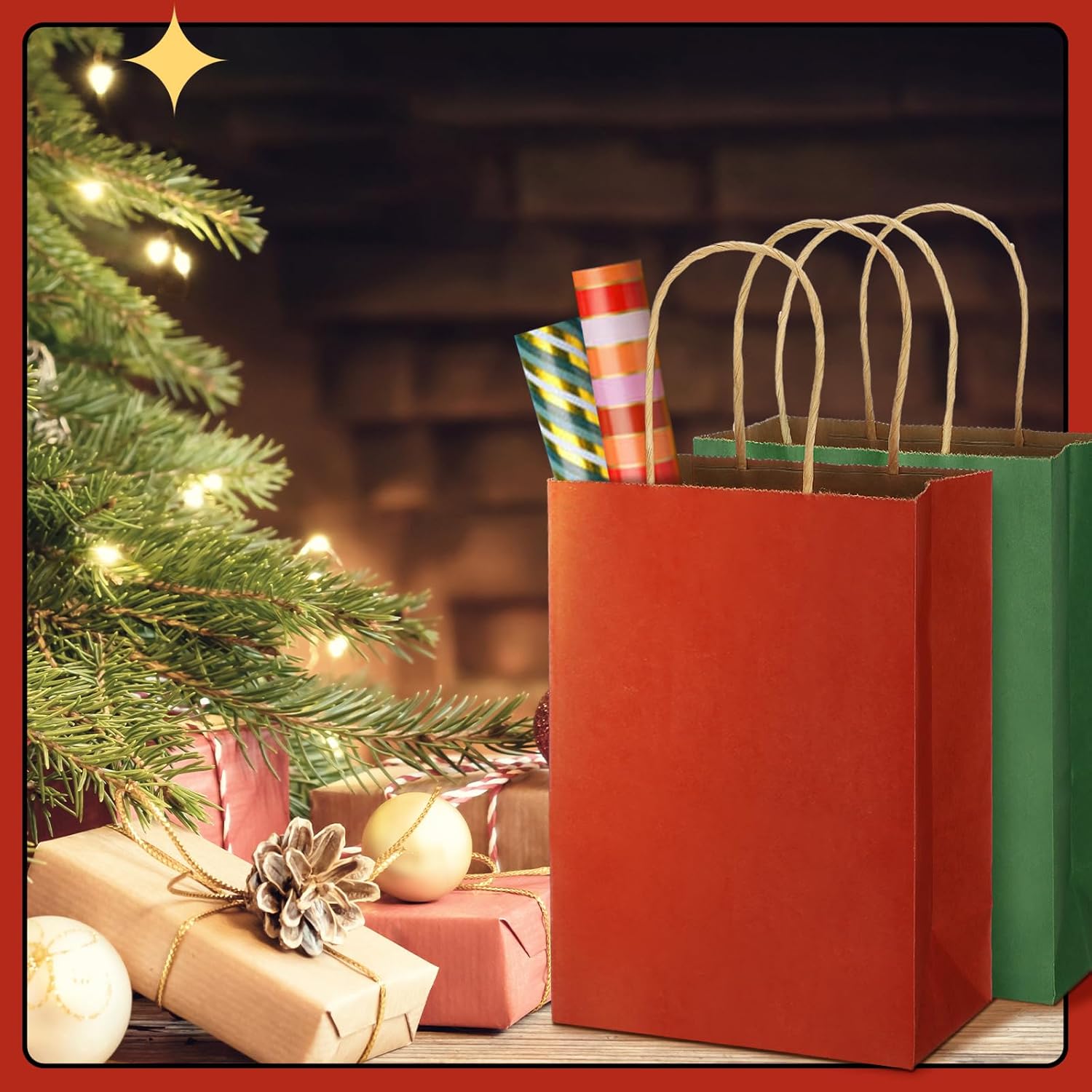 100 Pcs Red And Green Christmas Gift Bags Kraft Paper Bags With Handles Holiday Gift Bags For Wedding Baby Shower Bridal Shower Shopping Party Favor Business(8.26 X 6.3 X 3.15 Inch)