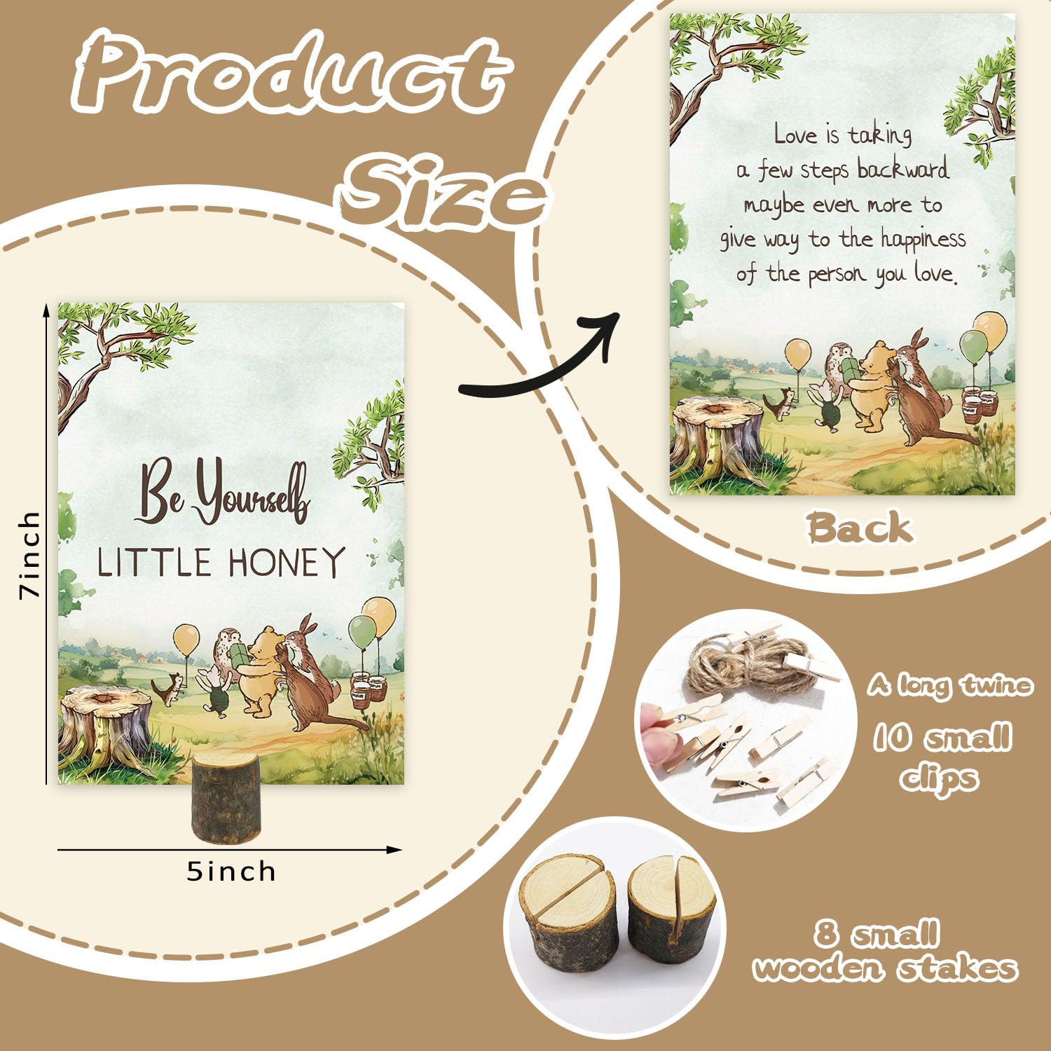 8Pcs Winnie Quotes Party Cards With Wooden Stands, Classic Pooh Baby Shower Decor, Winnie Baby Shower Centerpieces, Double Side Winnie Party Game Cards, Birthday Party Supplies, Nursery Decor Prints