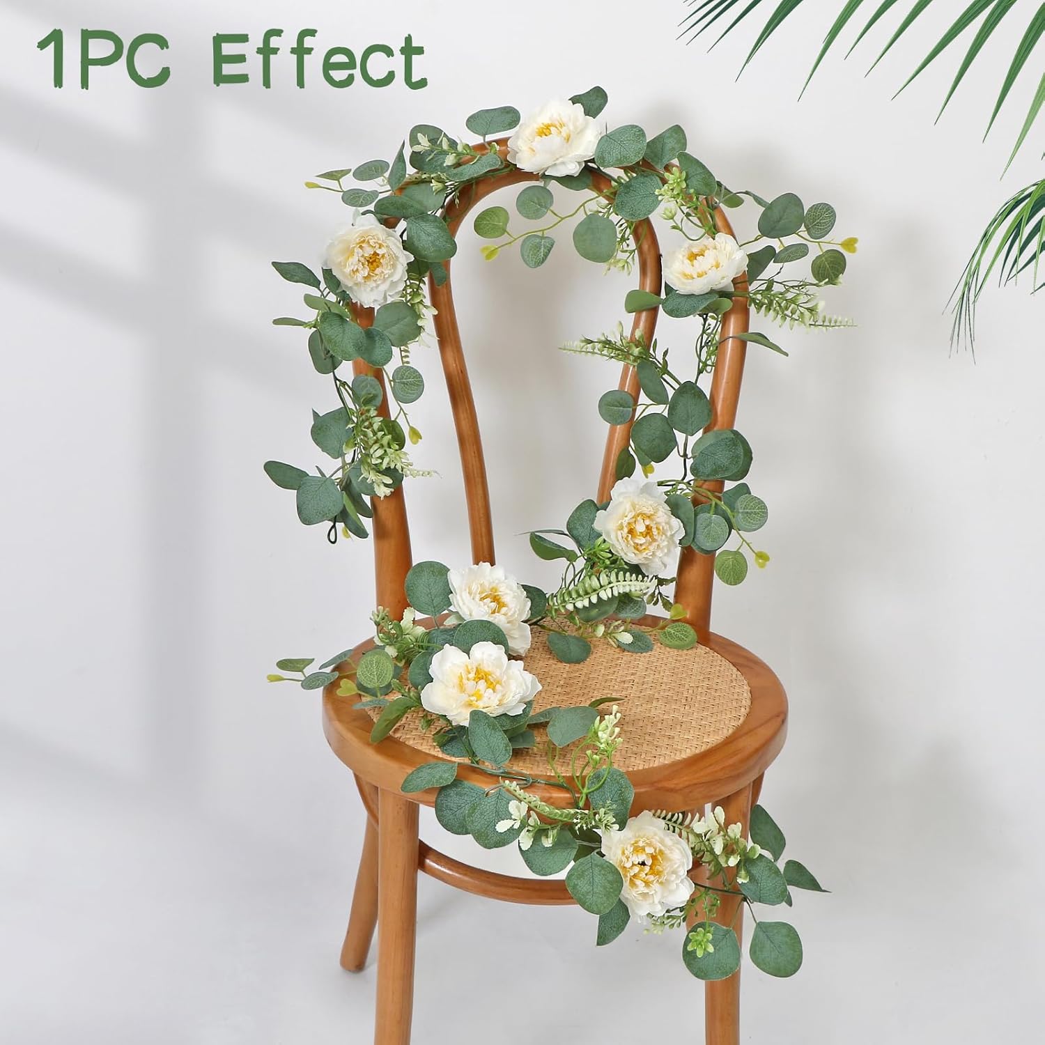 2Pcs 6.56Ft Artificial Eucalyptus Garlands With Flowers, Faux Floral Greenery Garlands White Peony Flower Garland Fake Vines For Wedding Arch Table Runner Party Ceremony Backdrop Decor