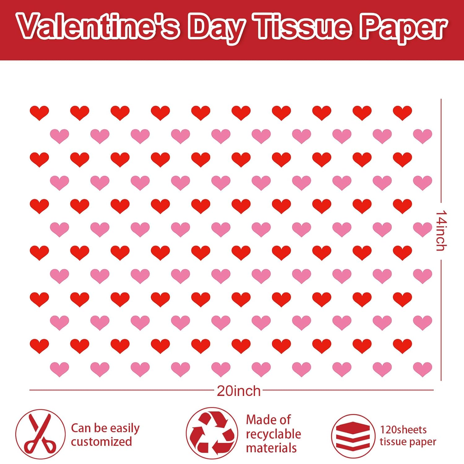 120 Sheets Valentine'S Day Tissue Paper Red Pink White Heart Stripe Gift Wrapping Paper Decorative Art Paper For Bridal Shower Wedding Party Diy Crafts, 14 X 20 Inch