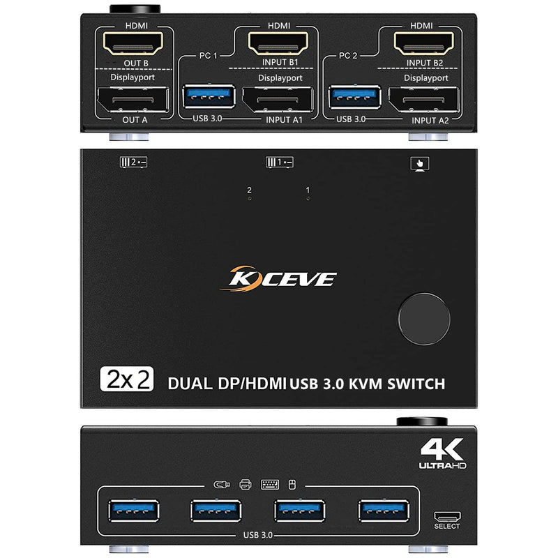 Kceve Dp Hdmi Usb 3.0 Kvm Switch 2 Computer 2 Monitors, Dual Monitors Displayp