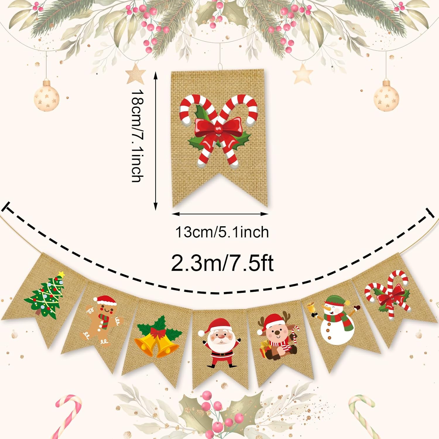 Christmas Burlap Banner Cartoon Santa Deer Snowman Hanging Banner Pre-Assembled Rustic Xmas Holiday Bunting Garland For Mantel Fireplace Home Wall Door Decor