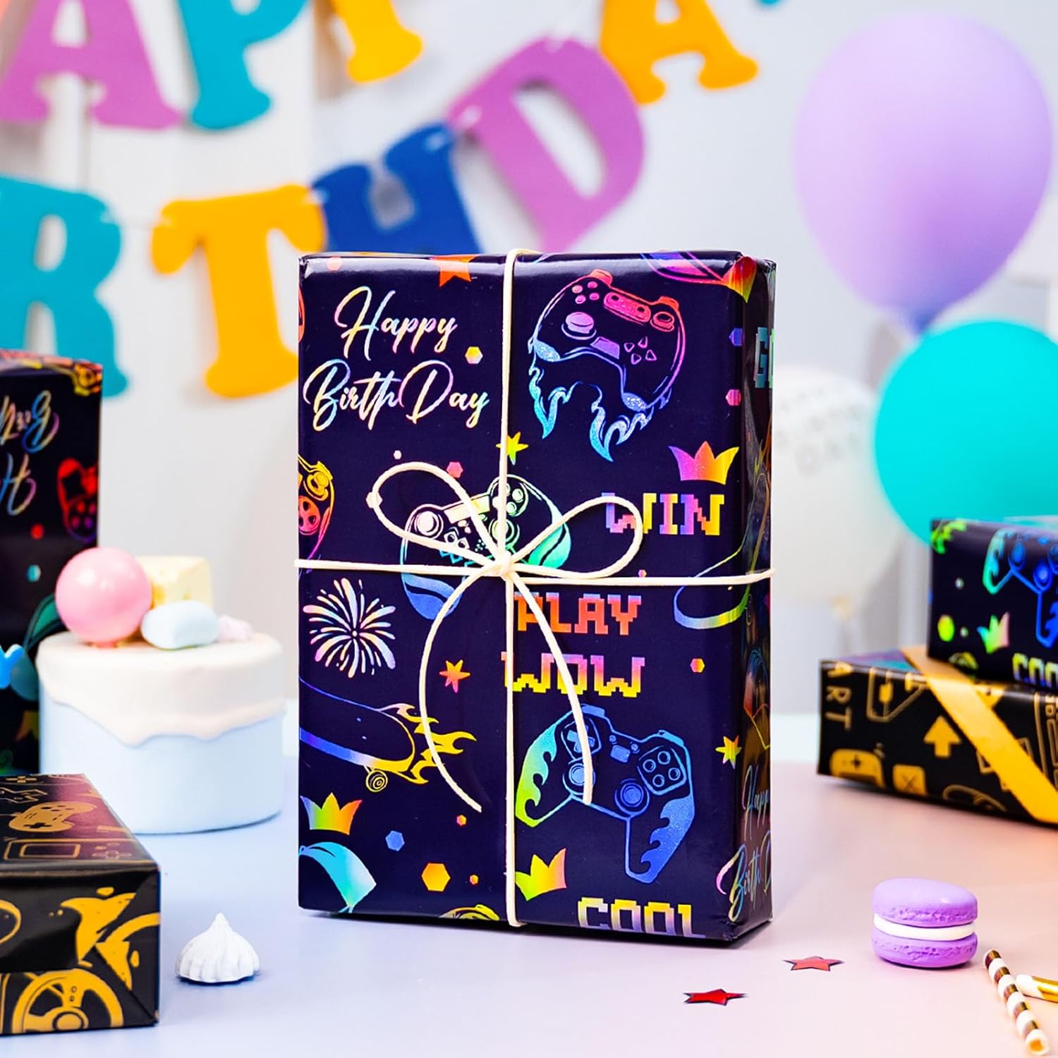 Gaming Wrapping Paper, Blue Birthday Wrapping Paper For Boys, Holographic Video Game Controller Theme Gift Wrap For Boys Men Birthday, Christmas, Father'S Day (Mini Roll, 17 In X 33 Ft)