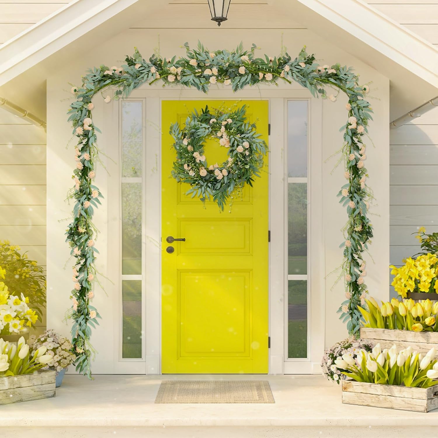 1 Pcs 6 Ft Artificial Flower Garland With Chrysanthemum And Eucalyptus 22 Inch Beige Floral Summer Garland For Wedding Porch Stair Table Centerpieces Baby Shower Birthday Decor