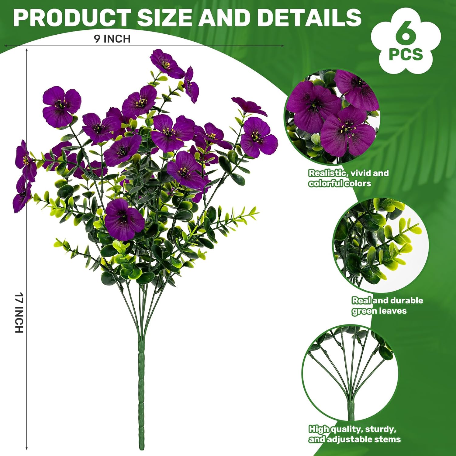 17 Inch Artificial Faux Pansy Flowers For Outdoor,Fake Pansies Flowers With Eucalyptus Leaves Fake Plants Greenery Boxwood Porch Patio Decor 6 Bundles(Dark Purple,Lotus Purple,Light Purple)