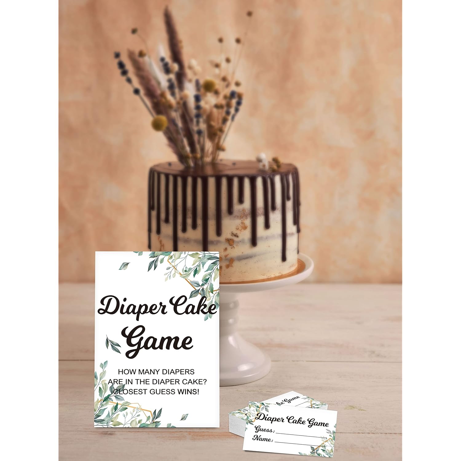 Baby Shower Game Set, Diaper Cake Games(1 Standing Sign + 50 Find Cards), Neutral Greenery Find How Many Diapers Party Game, Eucalyptus Gender Reveal Party Favor Decor(A01)