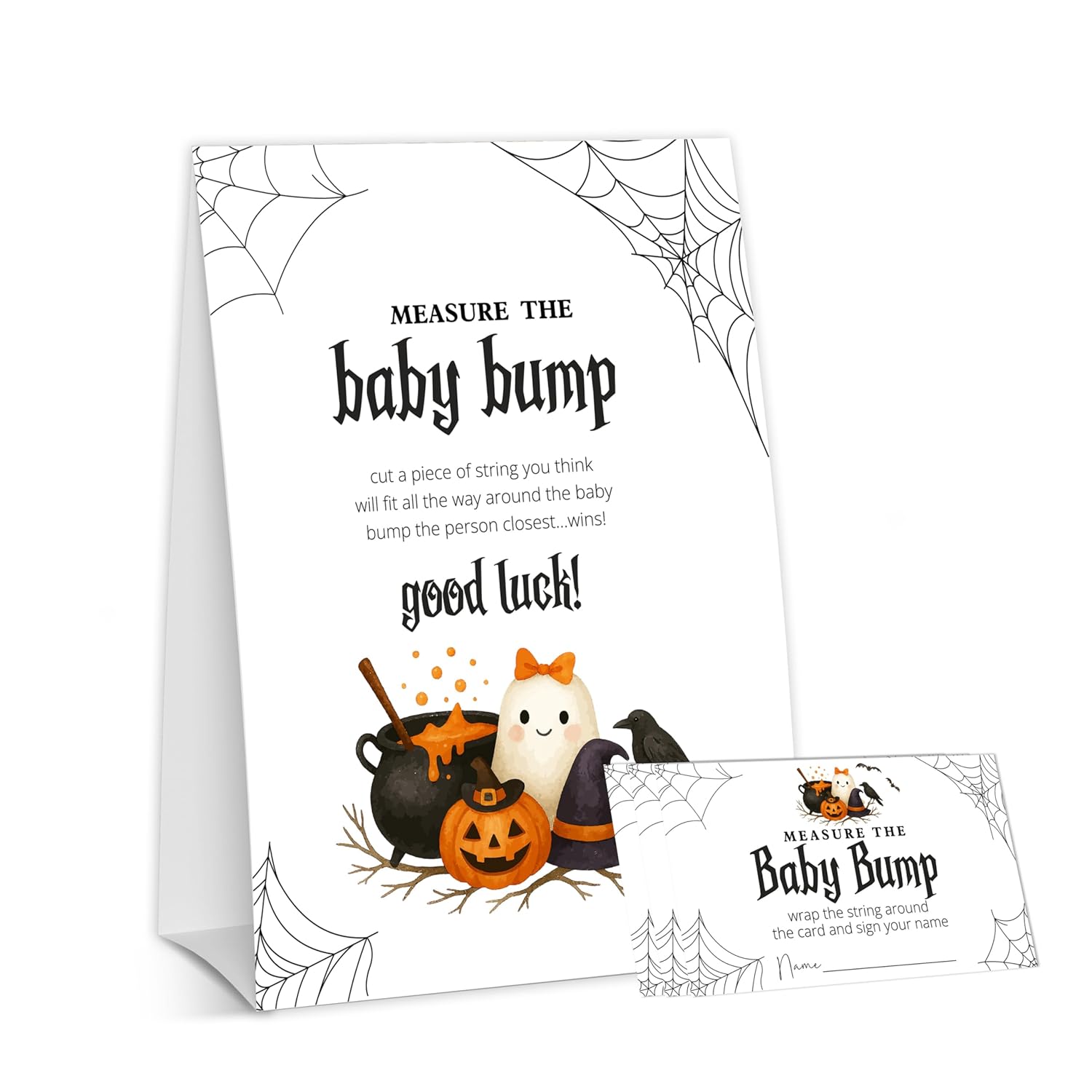 Halloween Baby Shower Games, Little Ghost Measure The Baby Bump For Spooky Gender Reveal Party Decorations, 1 Sign With 50 Guessing Cards - B06