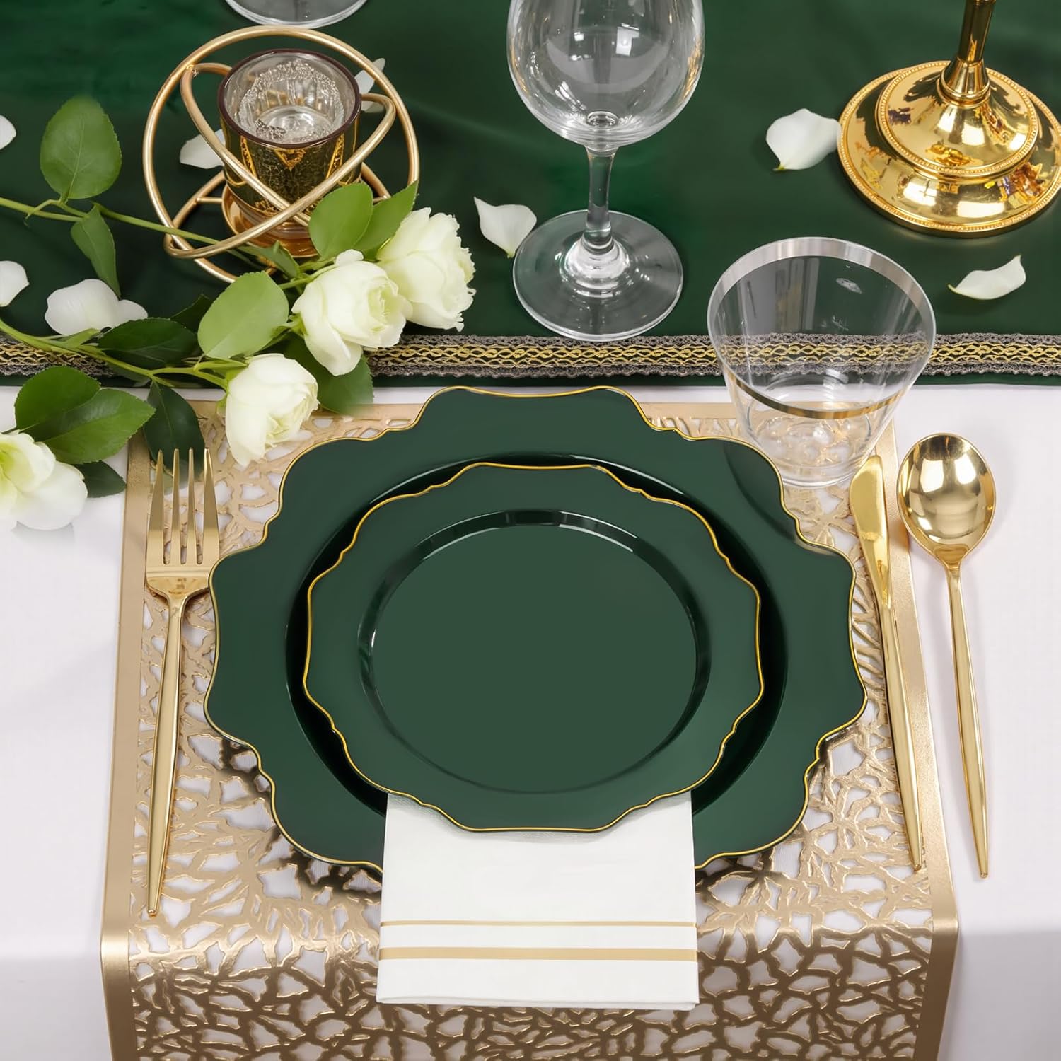 175Pcs Green Plastic Plates - Green Plates Disposable With Gold Rim - Christmas Plastic Plate - Fancy Disposable Dinnerware Sets 25 Guests Ideal For Christmas/Party/Wedding