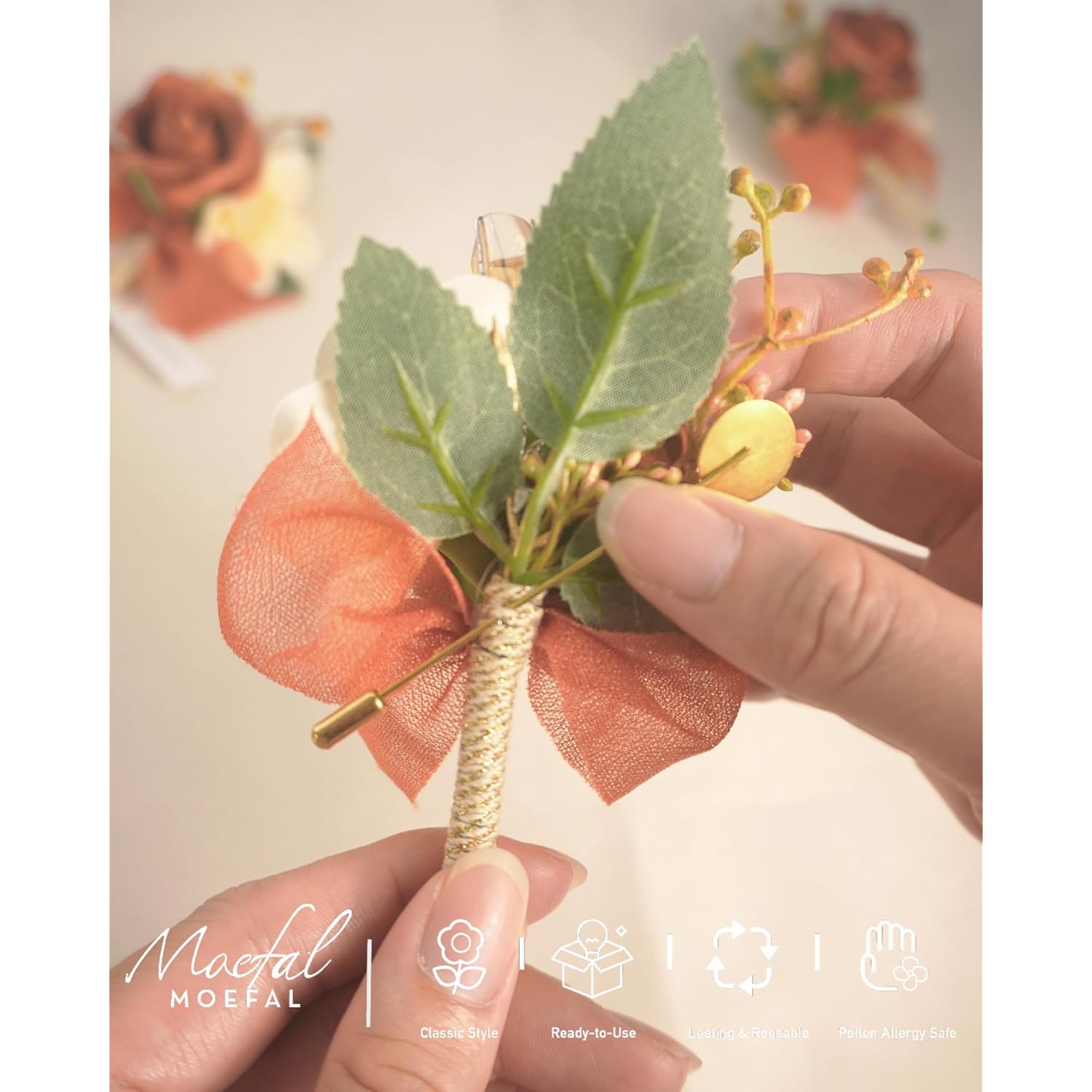 6Pcs Terracotta Boutonniere For Men Wedding - Rust Burnt Orange Artificial Foam Rose Buttonhole With Gold Pins For Groom Groomsmen - Rustic Boho Fall Wedding, Prom Suit, Homecoming Decor