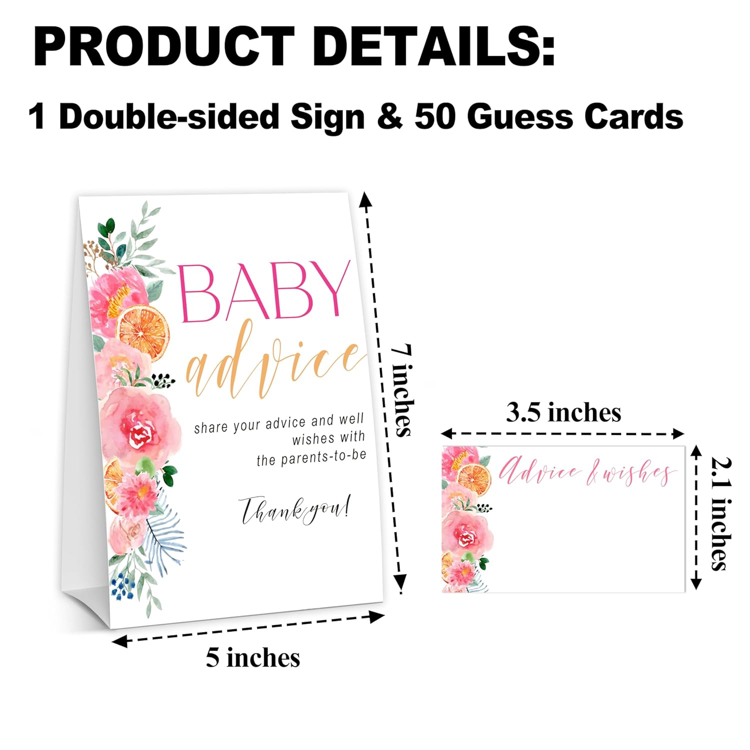 Spring Pink Floral Baby Advice Cards For The Parents-To-Be, Baby In Bloom Baby Shower Decorations Favors, Gender Neutral Party Supplies, 1 Sign & 50 Cards-B09