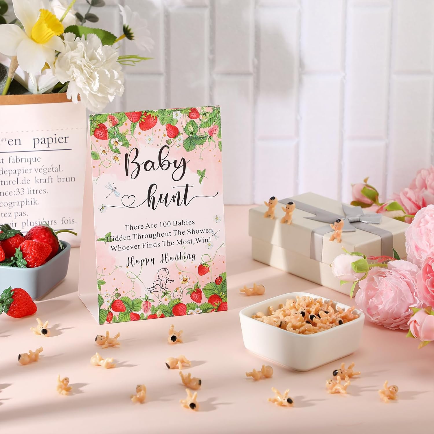 101 Pcs Baby Shower Games Include Paperboard Baby Hunt Sign 100 Mini Plastic Babies Tabletop Sign Tiny Babies Funny Prizes For Gender Reveal Party Favors (Red,Strawberry)