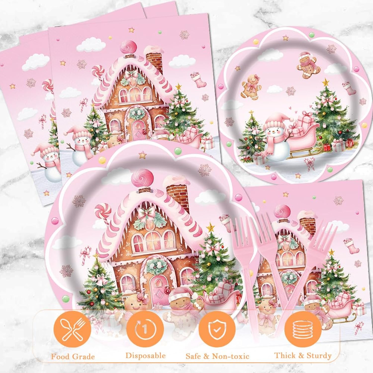 Christmas Pink Gingerbread House Tableware Set 96 Pcs Disposable Plates Napkins Forks Snowman Gingerbread Man Xmas Tree Happy Birthday Merry Christmas Party Decorations Serve 24 Guests