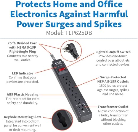 Tripp Lite 6-Outlet Surge Protector Power Strip 25ft Braided Extension Cord 1500 Joules