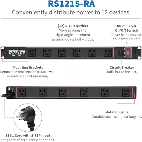 12 Outlet 1U Rack Mount Power Strip PDU 15FT Extension Cord 15A 120V Flat Plug for Server Rack DJ Equipment
