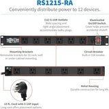 12 Outlet 1U Rack Mount Power Strip PDU 15FT Extension Cord 15A 120V Flat Plug for Server Rack DJ Equipment
