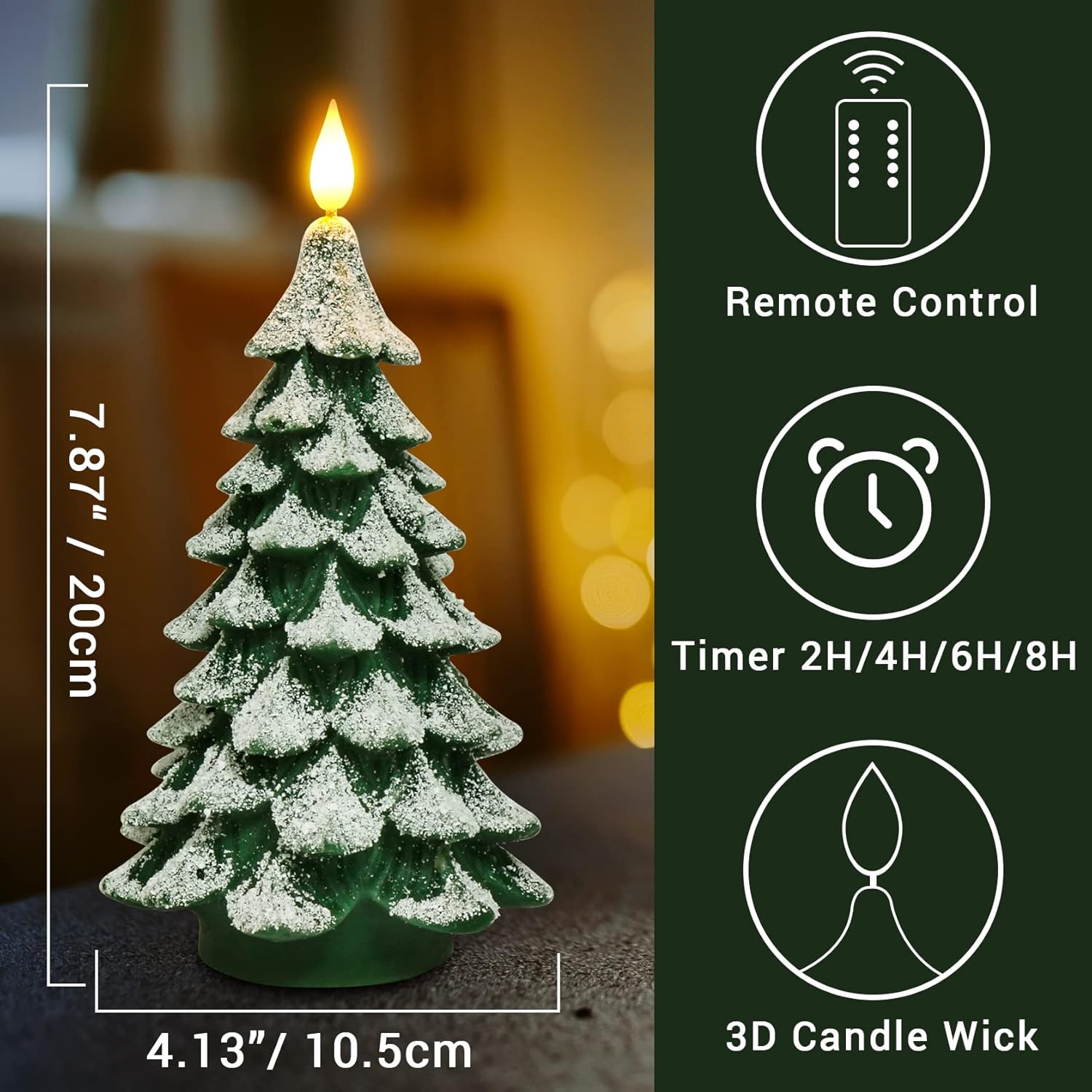 Christmas Tree Led Candle With Remote Timer, 4.13X7.9 Inch Real Wax Battery Operated Pillar Candle Flameless Flickering For Xmas Eve Gift Holiday Home Party Room House Decor