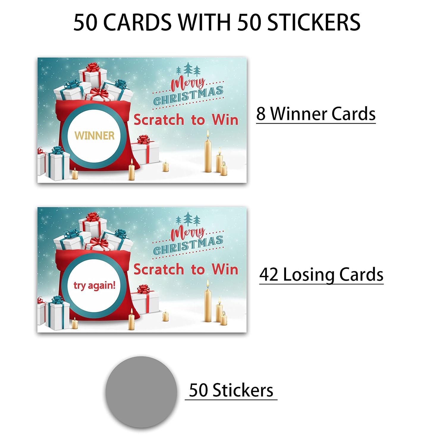 Christmas Scratch Off Game Cards, Scratch Off Stickers Holiday Games, Lottery Raffle Tickets, Christmas Party Supplies Decorations, New Year Activities For Adults Friends (50 Pack)-01