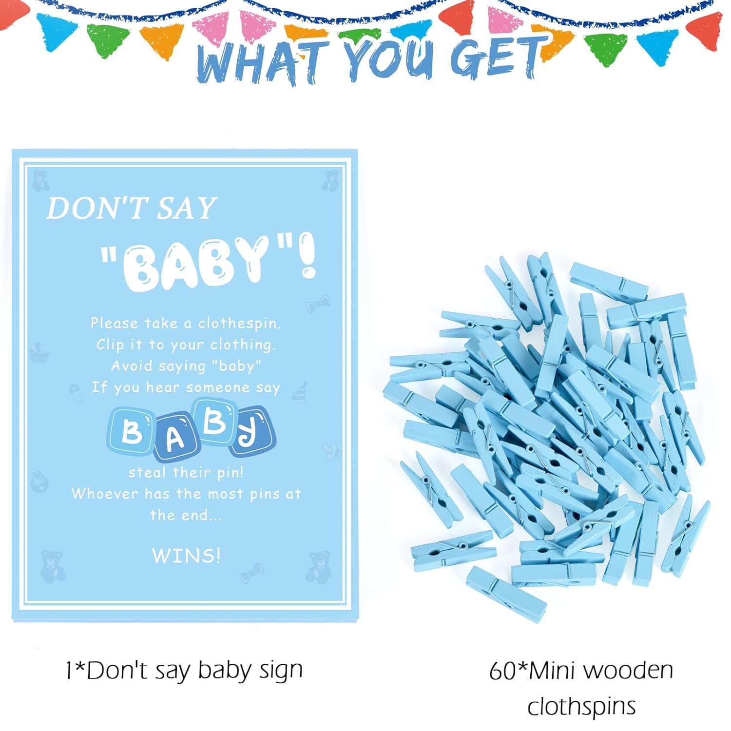 Don'T Say Baby Game, Baby Shower Games Boy, 1 Sign And 60 Blue Mini Clothespins, Shower Game Decorations Ideas, Gender Reveal Party Favors