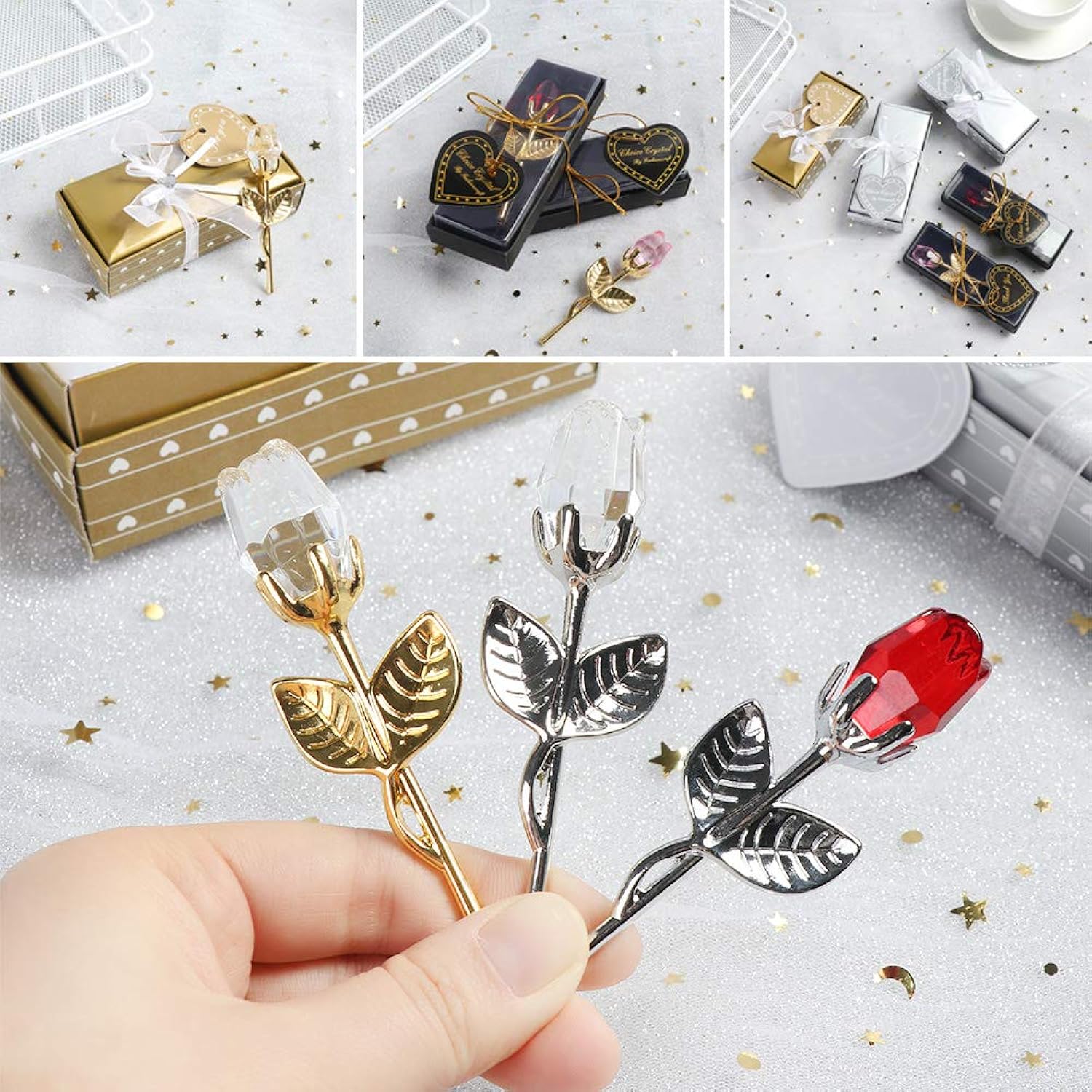 5Pcs Mini Glass Rose Flower With Box, Romantic Crystal Rose Gift For Wedding Souvenirs Anniversary Birthday New Year Mother'S Day, Ideas For Mom Wife Sister Girlfriends(Gold-Pink)