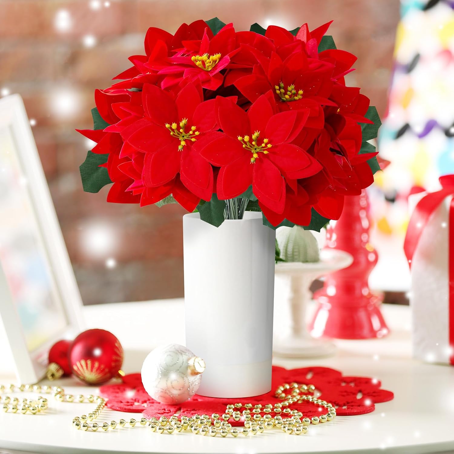 Poinsettia Artificial Christmas Flowers 6Pcs,5 Heads Red 13.7”Fake Poinsettia Flower Bouquet For Home Office Christmas Holiday Indoor Decorations
