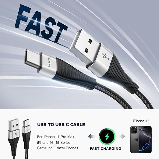 3 Pack 6FT USB A to USB C Fast Charging Cable for iPhone Samsung CarPlay