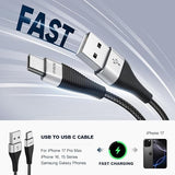 3 Pack 6FT USB A to USB C Fast Charging Cable for iPhone Samsung CarPlay