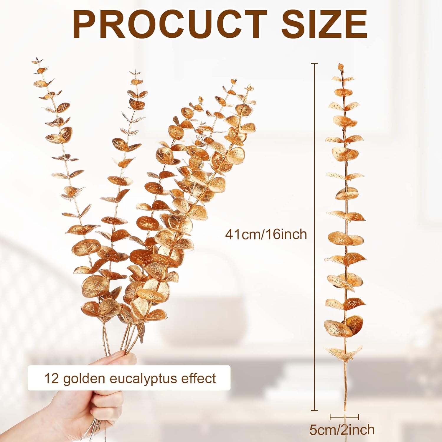 12 Pieces Gold Eucalyptus Stem 16 Inch Artificial Eucalyptus Spray Fake Leave Decor Fall Faux Floral Arrangement Faux Flower For Wedding Party Bouquet Home Farmhouse Vase Diy Craft